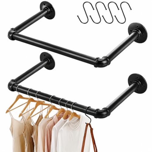 ZOOFOX Set of 2 Wall Mounted Clothes Rack, 21" Heavy Duty Iron Pipe Clothing Garment Rail with S-shaped Hooks, Multi-Purpose Clothing Hanging Rod for Bedroom, Laundry Room and Closet Storage by ZOOFOX - Used condition - US$19.42