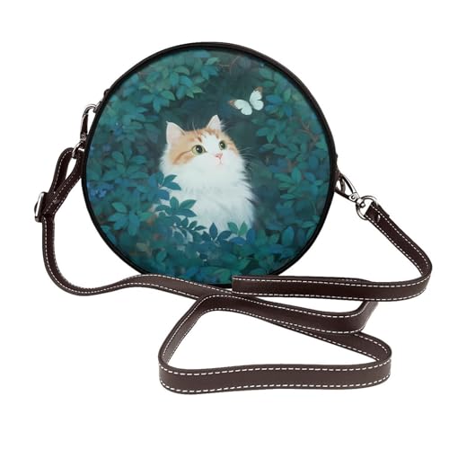 Torba crossbody, okrągła torba crossbody, małe torebki na ramię ze skóry PU, Orientalny kot motyl zielony, rozmiar uniwersalny