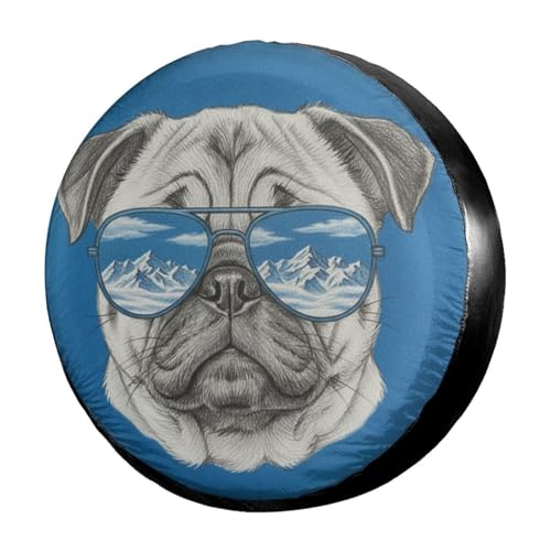 Image of Delerain Pug with Sunglasses Spare Tire Covers for RV Trailer SUV Truck and Many Vehicle, Wheel Covers Sun Protector Waterproof, (14 Inch for Diameter 23 inch-27 inch)