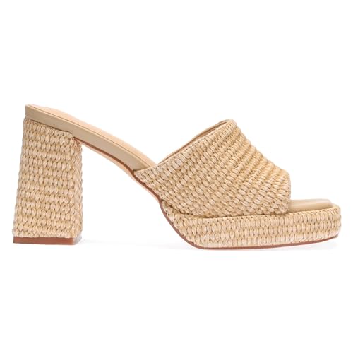 Raffia Platform Heels for Women – Chunky Block Heel Wedge Sandals, Open Square Toe Slip On Summer Beach Vacation Sandals