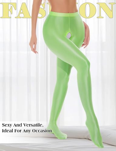 Image of FEOYA Women's Open Crotch Oil Shiny Pantyhose High Waist Control Top Silky Oily Crotchless Footed Tights Stockings