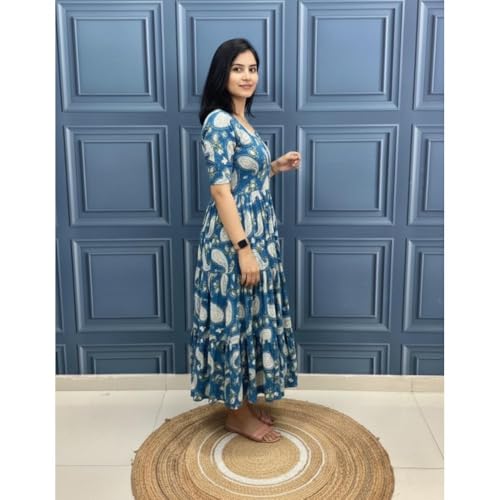 Image of Modestouze Attires Women's Paisley Pattern Rayon Midi Dress with Half Puff Sleeve Round Neck Calf Length and Pull On Closure Type