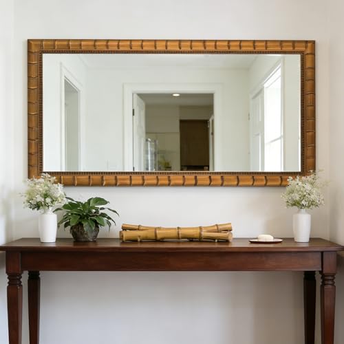 Image of Large Vintage Decorative Mirror for Wall, 53'' x 29'' Antiuqe Warm Gold Living Room Mirrors with Bamboo-Joint Frame, Classic Vintage Gold Wooden Mirror, Horizontal /Vertical