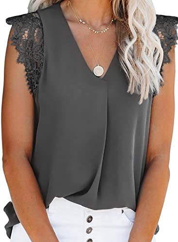 Uusollecy Camiseta Sin Mangas de Verano para Mujer Blusa de Chiffon con Encaje y Cuello en V Top Casual Lencero,Gris,M