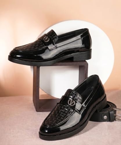 Image of Men's Glossy Loafers | Synthetic Leather | Formal Slip-On Shoes for Men | Woven Texture Patent Finish | Cushioned Comfort | Office, Party & Wedding | Black - Multicolour
