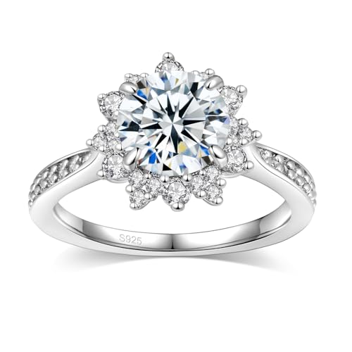 Aurora & Fiori Flower Moissanite Engagement Rings for Women,Women's 925 Sterling Silver Solitaire Engagement Ring for Women,Elegant Flower Design with Brilliant Moissanite 0.5/1/2CT