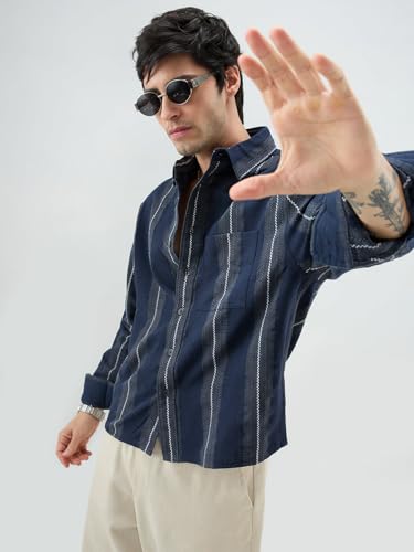 VASTRADO Navy Contrast Panel Boxy Fit Crop Shirt - Image 4