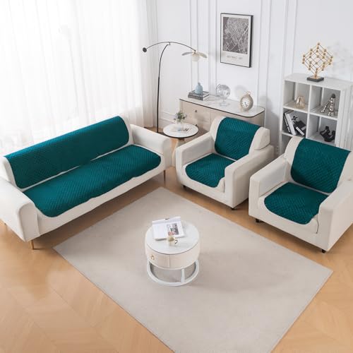 Image of HOKIPO Quilted Sofa Cover 5 Seater Set - Washable 3+1+1 Sofa Cover for Seat & Back | 'Quilt Classic' Teal (IN-927 * 2+925 * 4-Teal)