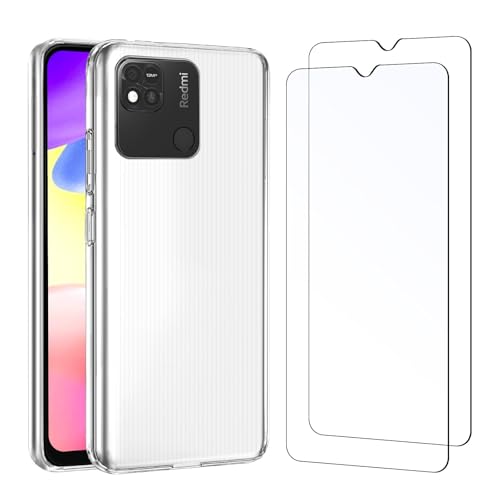 NEW'C Cover per Xiaomi Redmi 10A, Xiaomi Redmi 9C Gel TPU in silicone ultra trasparente e 2 × vetro temperato per Xiaomi Redmi 10A, Xiaomi Redmi 9C, Pellicola proteggi schermo