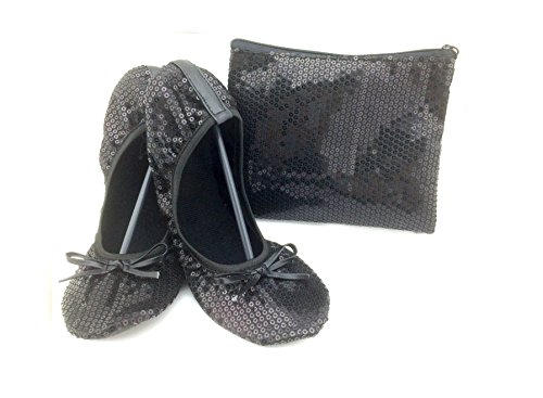 Shoes8teen Women's Foldable Sequins Ballet Flat Shoes w/Matching Carrying Case (7/8, Black Sequin SH18)