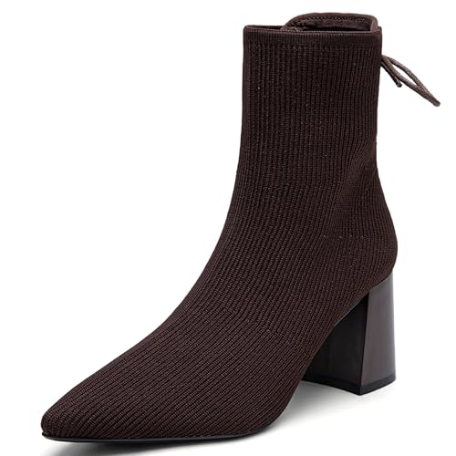 Women's Pointed Toe Ankle Boots - Chunky Block Heel Sock Booties, Stretch Knit Slim Fit Boots for Fall & Winter Fashion
