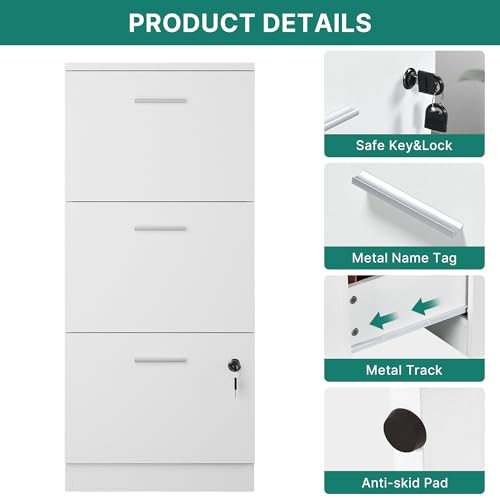 Lockable 3-Drawer File Cabinet for Home Office - White - Image 5