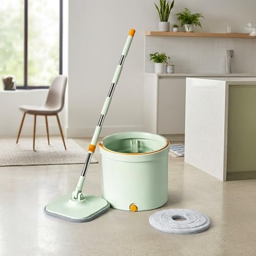 Image of HomeEssentials Spin Mop and Big Bucket Floor Cleaning System - 360 Microfiber Mopping Set with Hands-Free Wringing, Telescopic Stainless Steel Handle & Washable Pocha Refills for Home & Office
