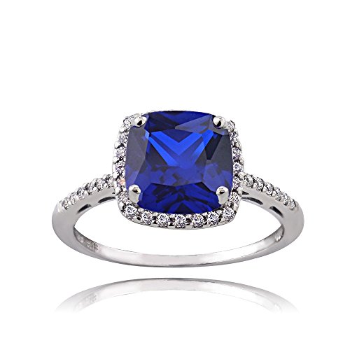 Ice Gems Sterling Silver Created Blue Sapphire and Cubic Zirconia Cushion-Cut Halo Ring, Size 8