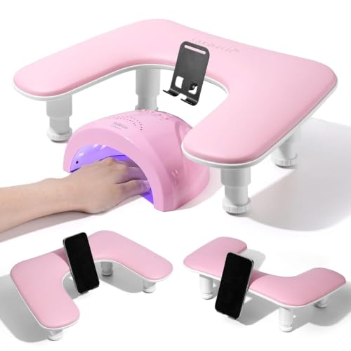U-Shaped Manicure Arm Rest for Nails Tech with Rotating Phone Stand, Pink