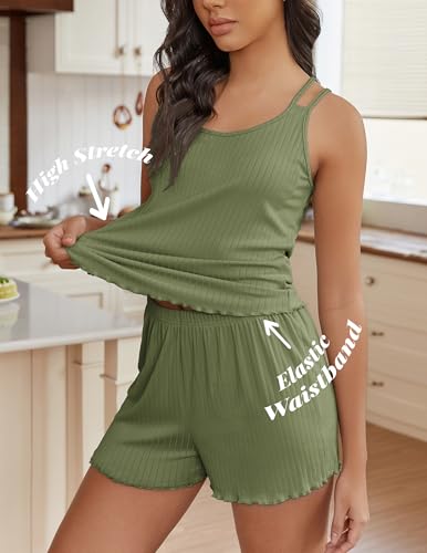 Image of Ekouaer Womens Cami Pajama Sets 2 Piece Ribbed Knit PJs Tank Top and Shorts Set Lingerie Sleepwear