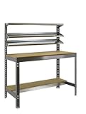 mesa de trabajo industrial definicion Kit Simonwork Bt1 1200 Banco de trabajo sin tornillos con bandejas de madera y 3 baldas reclinables Colores: Gris/Madera, Galva/Madera, Azul/Madera. Tiene 5 estantes. Las dimensiones de esta Estantería son: 1445x1210x610 mm. Tiene una capacidad de carga de 600 kgs el estante principal, 250 kgs el estante inferior y 25 kgs aguanta cada balda reclinable. Fabricado en España Fácil y rápido de montar