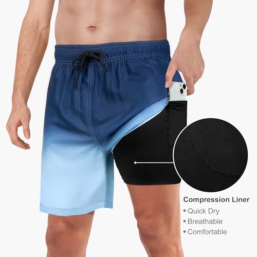 Image of Mens Swim Trunks with Compression Liner 2 in 1 Quick Dry Swimming Shorts Swimwear Bathing Suits with Pockets