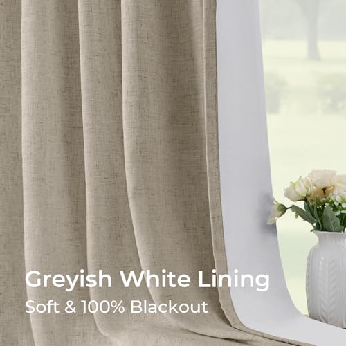 Pinch Pleated Blackout Curtains 84 Inch Long, Linen Blend, 100% Blackout Drapes with 20 Hooks, Ideal for Bedroom and Living Room, 40" W x 84" L (Pack of 2), Dark Flax