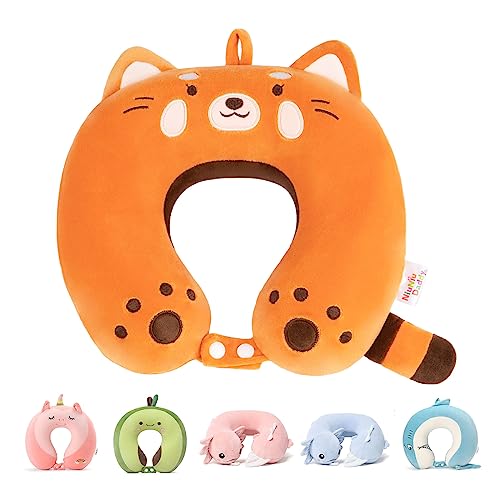 Image of Kids Travel Neck Pillow for Ages 3-8 with Memory Foam, Red Panda | Removable cover, 13 in neck size, machine washable, hidden zipper, head and chin support, car seat and airplane use