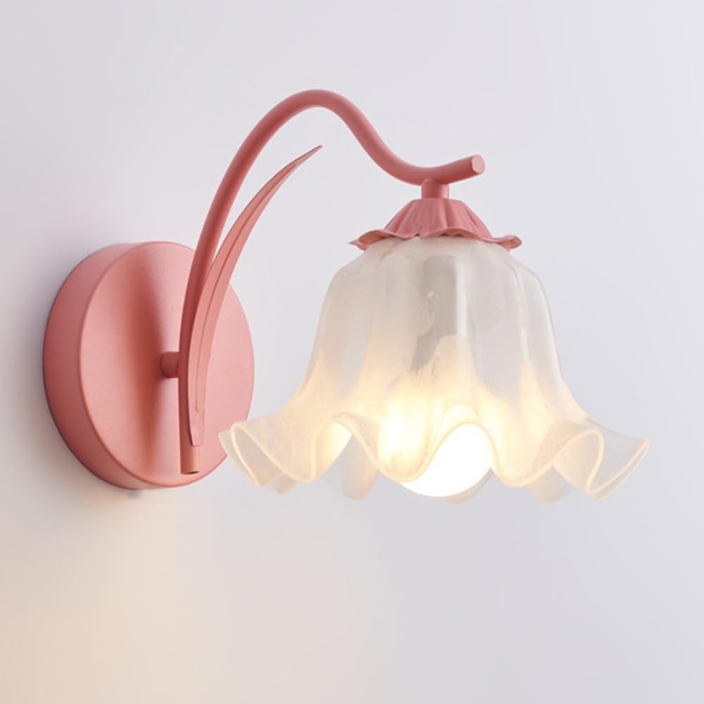 SXWNBIFH Cream Style Floral Wall Sconce Frosted Glass Wall Lamp Multi-Color Metal Frame G9 Base Hardwired Wall Light Fixture for Bedroom, Bathroom Vanity, Living Room, Hallway(Pink)