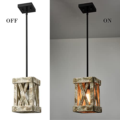 Samteen Distressed Off-White Wood Pendant Light Farmhouse Wooden Pendant Lighting 1-Light Wood Chandelier Light For Kitchen Island, Dining Room, Bedroom #TOP6