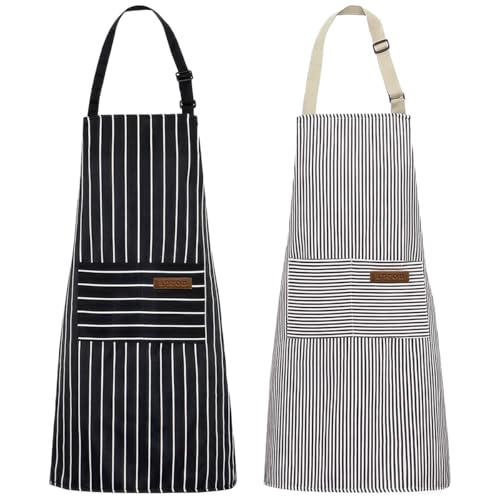 2 Stück Küchenschürze, Kochschürze Damen und Herren, Wasserdichte Schürze mit Taschen, Verstellbarem Nackenriemen Apron, Schürze Baumwolle, Streifen Kochschürzen, für Küche, Kochen, Backen, Garten