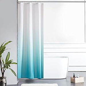 Furlinic Schmal Duschvorhang Badvorhang Textil aus Polyester Stoff Schimmelresistent Wasserabweisend Waschbar für Eck Dusche Kleine Badewanne Weiß nach Aquamarine 90x180 mit 6 Duschringen.