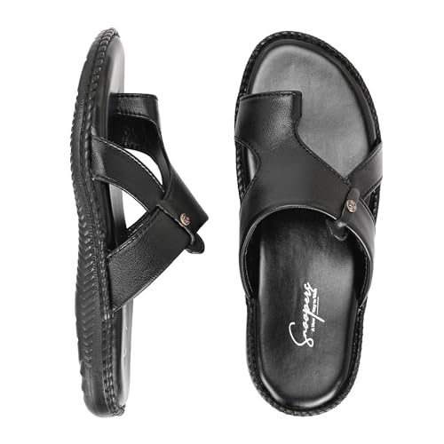 Image of Men's Leather Look Stylish Slippers with Toe Ring for Diwali, Festive & Ethnic Wear | Premium Synthetic Leather Chappals with Cushioned Footbed & Durable Anti-Slip Sole