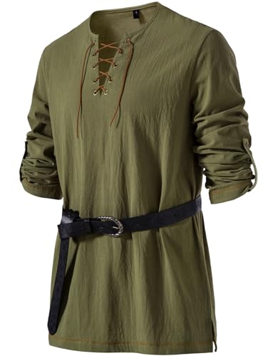 JEMITOP Mens Renaissance Costume Retro Lace Up Shirts for Pirate Viking Medieval Vampire Halloween Cosplay Without Belt Army Green XXL