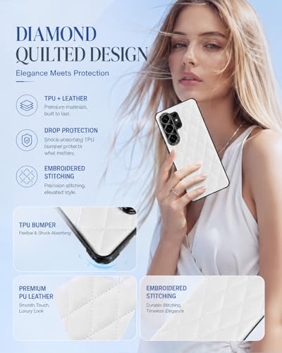 Coque Samsung S26 Ultra étui cuir PU matelassé anti-choc blanc