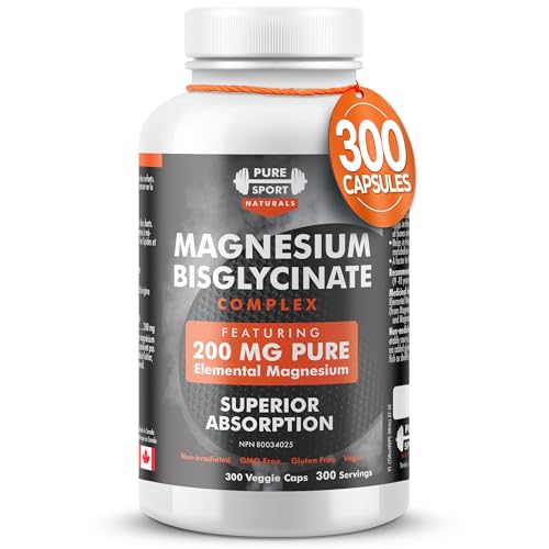 Magnesium Bisglycinate 200mg | 300 Veggie Capsules, Magnesium glycinate for Men and Women | Chelated Magnesium Supplement for Bone Health, Balances Electrolyte, Sleep & Muscle Function | Made in Canada