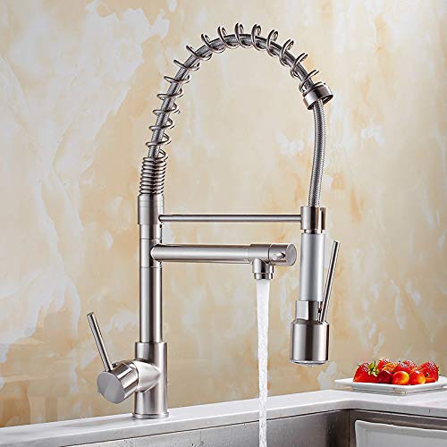 Brushedledkitchen Grifo De La Cocina Grifo Del Fregadero De Doble Cabezal El Mezclador Enfriado Por Agua Caliente Con La Cabeza De Ducha Extraíble Con Resorte Flexible Antiguo
