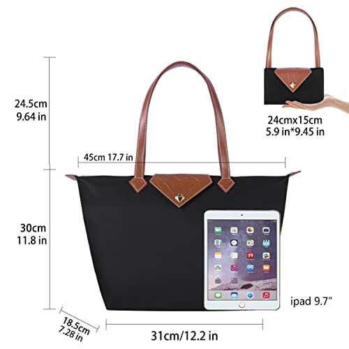 Bojly Women Tote Bag,Stylish Waterproof Nylon Ladies Shoulder Bag, Folding Beach Travel Bag For Work,Shopping, School Black Large #TOP2