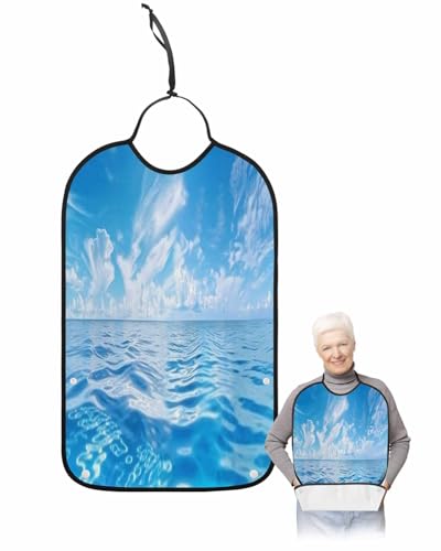 LEOKOTI Blue Summer Beach Adult Bibs for Eating, Waterproof Bibs with Food Catcher & Adjustable Snap Closure, Seaside Ocean Coastal Nautical Washable Clothing Protectors Adult Bibs for Elderly