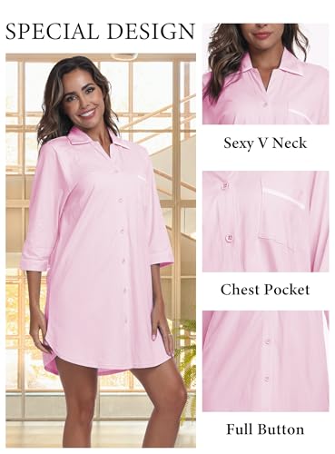 Image of EA'S SECRET 100% Cotton Nightgowns for Women 3 /4 Sleeve Button Down Nightshirts Soft V-Neck Knee Length Sleepwear With Pocket