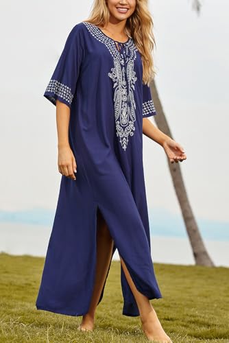 L-Peach Women's Kimono Long Dress Maxi Kaftan Summer Beach Boho Cover up Tops Dark Blue - Image 5