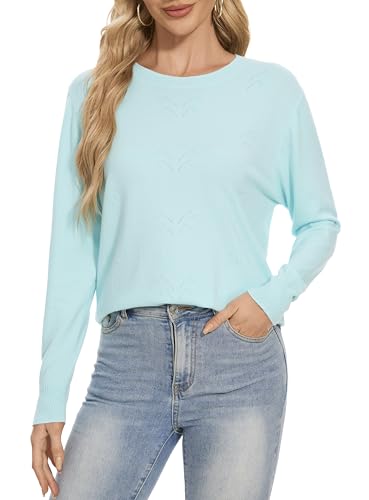 Image of Betu Women's Long Sleeve Ribbed Sweaters Cyan Crewneck Embroidered Slim Fit Knit Pullover Tops, 511 XL