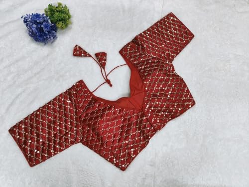 Pujia Mills Woman Italian Silk V- Neck With Short Sleeve With Khatli Work Sequence Design Readymade Blouse 38 Size Red