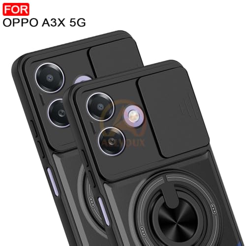 Image of Oppo A3X 5G Back Cover | Armor Camera Slider 360 Degree Rotating Finger Ring Holder Case with Bracket Stand Back Case Cover (Compatible with MagSafe Accessories) (Black)