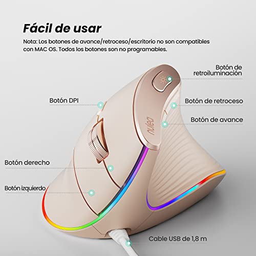 Ratón vertical con cable Nulea con diseño ergonómico de alta precisión y USB, rosa 4