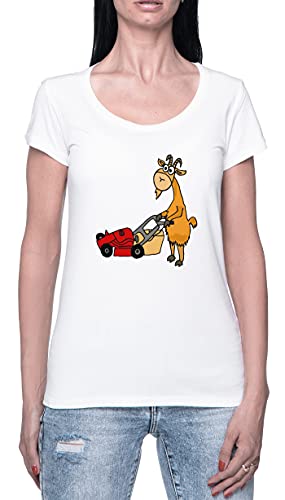 Cabra Paisajismo Cortacésped En Jardín Camiseta para Mujer Blanca De Manga Corta Ligera Informal con Cuello Redondo Women's Tshirt White