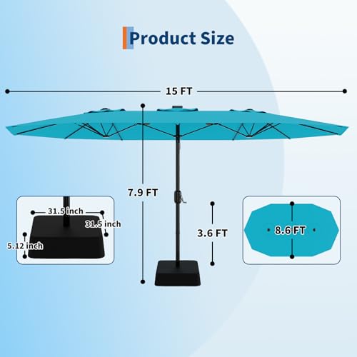 15FT Rectangular Patio Umbrella with Base Included - Large Patio Umbrella with Crank Handle, UV Protection for Outdoor Market, Backyard, Pool - Turquois