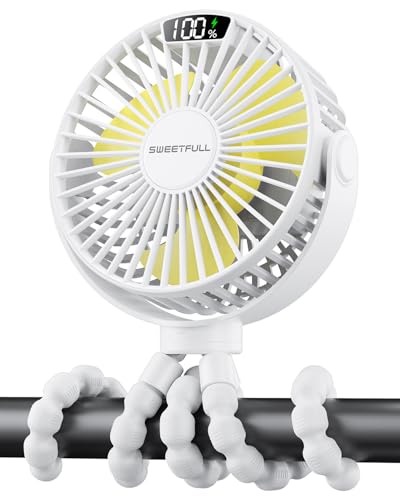 Image of SWEETFULL Portable Stroller Fan with Display 4000mAh Battery Powered Mini Clip On Fan, 4-Speed Rechargeable Small Personal Cooling for Baby Car Seat Crib Travel - White