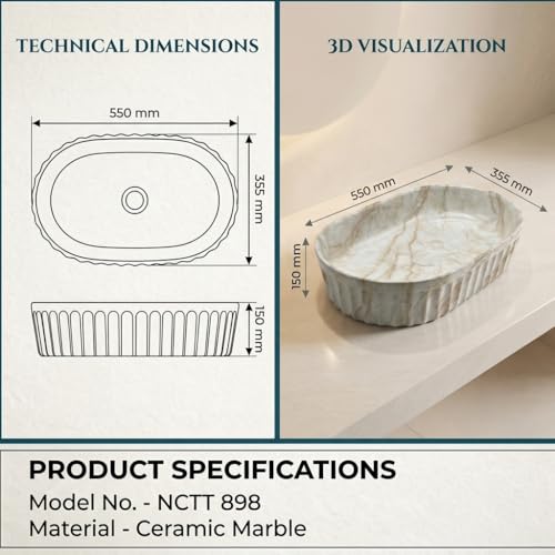 Image of BASSINO 22x14x6 Inches Ceramic Table Top Wash Basin /Designer Bathroom Sink /Glossy Countertop Vessel Basin /Oblong-Oval Above Counter Basin /Wash Basin for Bathroom /Dining Hall(White and Beige Marble)