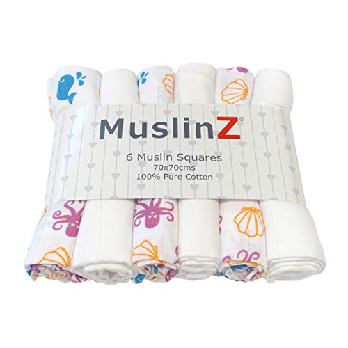 MuslinZ - Juego de 6 paños de muselina para bebé (70 x 70 cm), color azul