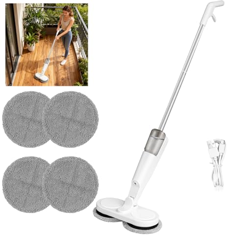 Cordless Electric Mop with 2.0 Ah Batter, Dual Spin Floor Polisher with 200ML Water Tank, Cordless Motorised Spin Mop With 4PCS Pads, Lightweight Floor Scrubber for Hardwood Floors, Tile,White