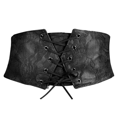 Corset Belt for Women, Black Wide Elastic Women Waist Belt Corset Lace up Belt Waspie Belt Lace Overlay Waist Cinch Belt Pirate Corset for Dresses Halloween Costume Cosplay