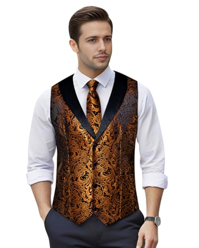 Image of DiBanGu Mens Paisley Suit Vest Silk Jacquard Waistcoat and Necktie Set Formal Shawl Collar Dress Vest 7PCS for Wedding Party