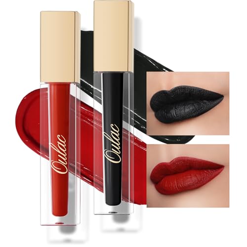 Oulac Kit de Pintalabios Líquidos Mate, Rojo Negro Pintalabios Mate Líquido - Larga Duración Labios, Muy Pigmentadas, Barra de Labios, Fórmula Cremosa, Sin Transferencia, Vegano (M01+M23)